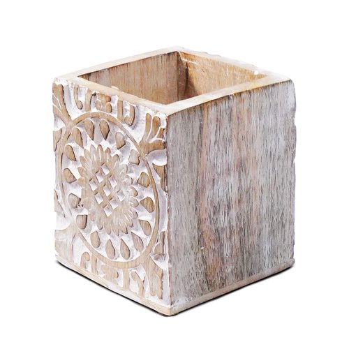 Mela Artisans Wooden Pen Jar (Whitewash), “Ajenta” Pen Holder for Desk – Wooden Desk Organizer, Art Supplies & White Pencil Cup for Office, & Home – Decorative Desk Supplies, 3.5” x 3.5” x 4”