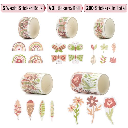Mr. Pen Washi Tape Stickers - 5 Rolls with 40 Decorative Stickers Each for Planners & Crafts