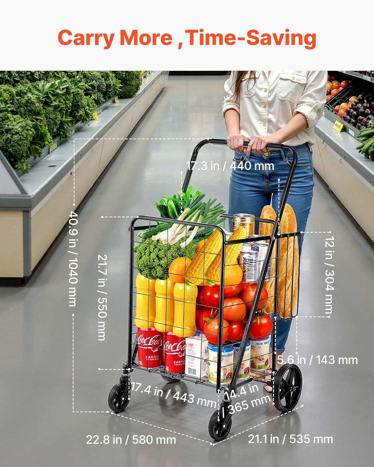 VEVOR Jumbo Grocery Cart - Heavy Duty Folding Shopping Cart with Double Baskets & 360° Swivel Wheels | 110 LBS Capacity, Black