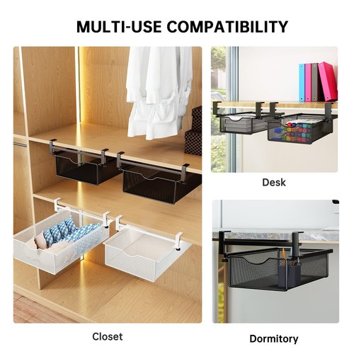WOCHUANGSI Under Desk Drawer Organizer Tray Slide Out Clamp On Desk Pull-Out Storage Shelf for Office Supplies and Desktop Accessories, Metal Hanging Baskets, 2 Pack Large and Small (Black)