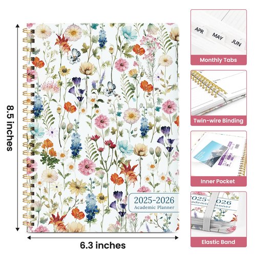 Planner 2025-2026, Academic Year Monthly and Weekly Calendar Planner, Jul 2025 - Jun 2026, Hardcover Teacher Student Planning Agenda book with Tabs, Perfect for School Office Supplies , 6.3" x 8.5" - Wildflower