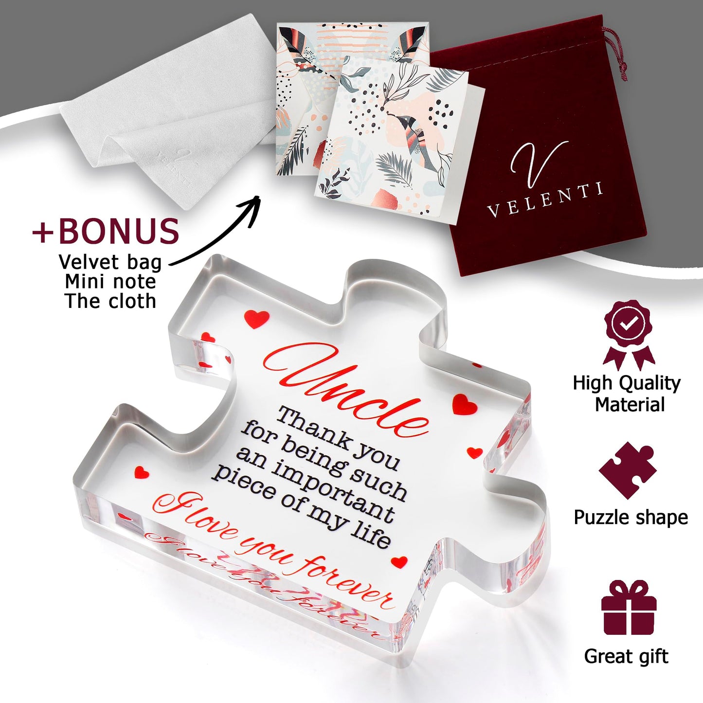 Uncle Gifts - Decorative Favorite Uncle Gift - Acrylic Plaque with Red Velvet Bag, Cleaning Cloth, Envelope - Great Birthday Gift, from Niece, Nephew