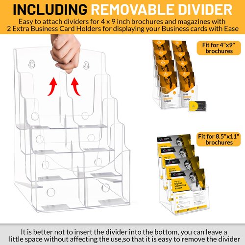SafeWayss Acrylic Brochure Holder 8.5 x11”, 4 Tier Clear Literature Magazine Stand with Removable Divider for 4 x 9 Pamphlet Display Brochure with Business Card Holders- Wall Mount & Countertop