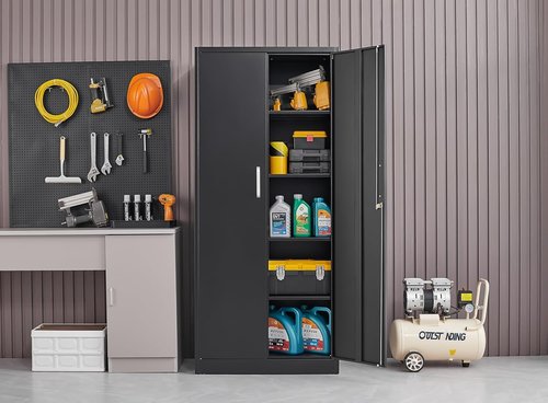 Guizeeopo Metal Garage Storage Cabinet - Adjustable Shelves & Doors | 71"H Matte Black Kitchen Pantry & File Cabinet