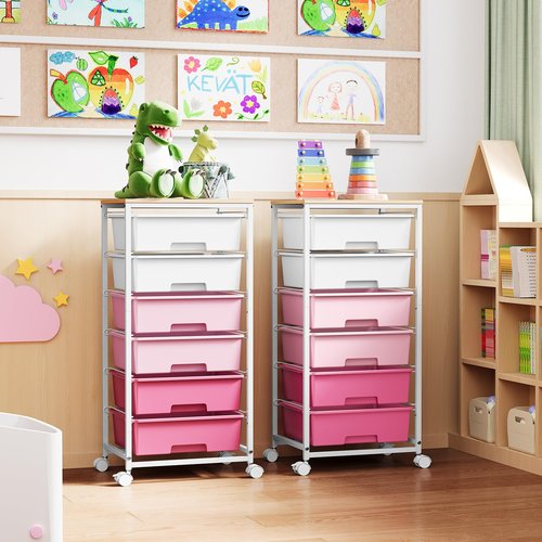 Rolling Storage Cart with Drawers,Utility Cart with 6 Large Drawers and Wooden Tabletop,Craft Storage Cart with Lockable Wheels for Bedroom, Office, Classroom, Kids'Room, Living Room (Pink)