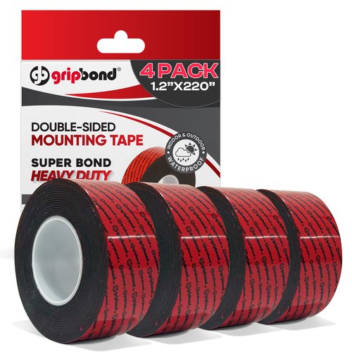GripBond Black Super Bond Heavy Duty Double Sided Tape, 4 Rolls (18.3 Ft), 1.2” x 220” – Waterproof Adhesive Mounting Tape for Indoor/Outdoor, Walls, Automotive, Car, LED Strip Lights, Home, Office