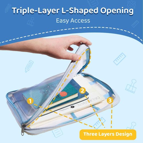 ZingZaak Mesh Bags with Zipper, Document Bags with Zipper,Triple-Layer L-Shaped Opening, A4,Mesh Zipper Pouches, Label Area,4-pcs