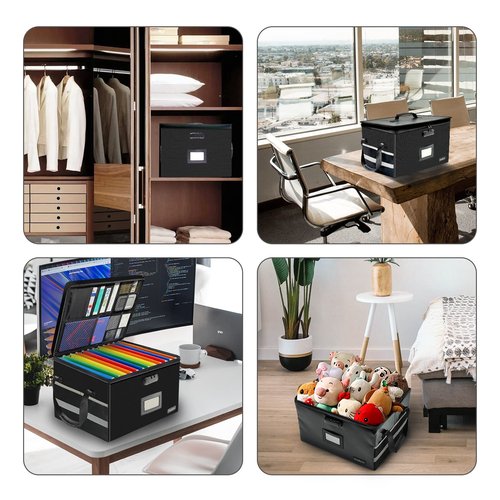 File Box with Lock, Fireproof Document Box with 10 Tab&Inserts, Collapsible File Organizer Filing Cabinet Box, Fire Proof Safe File Cabinets for Home Office Hanging Letter/Legal Folder
