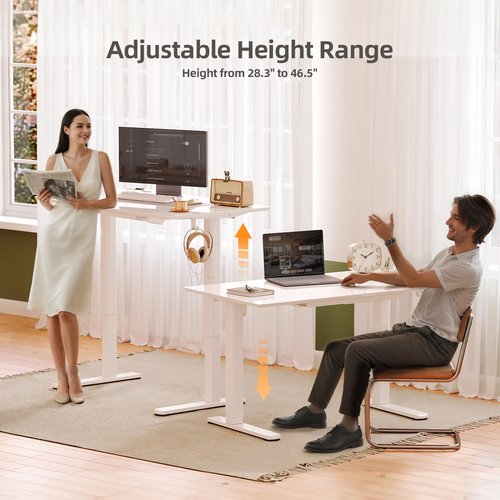 INNOVAR Glass Standing Desk with Drawers, 48×24 Inch Adjustable Stand Up Desk Quick Install Home Office Computer Desk, White