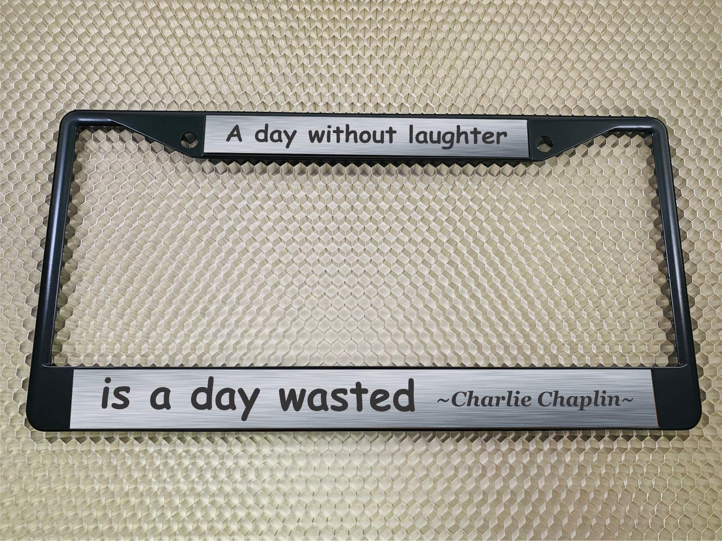 Custom Personalized Black Powder-Coated Metal Laser Engraved Standard Size - Car/Automobile License Plate Frame with Free caps - Steel/Black Text (Qty: 1 Frame)