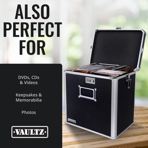Vaultz Vinyl Record Storage Box - Locking 50 Album Holder & Organizer - Great Alternative to Flimsy LP Crate - 14.4 x 13.4 x 9.6 Inches - Black