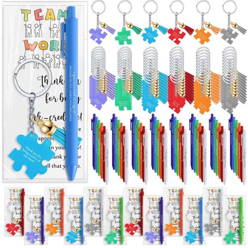 Sayglossy 50 Set Bulk Team Appreciation Gifts for Employee Coworker School Staff Teacher Student Client Inspirational Pens and Positive Puzzle Piece Keychains 10 Style for Christmas Gifts