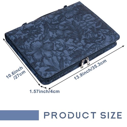 Embossed Padfolio Portfolio PU Leather Binder,3 Ring Binder,with Pad Holder, A4/Letter Size,Phone Pocket, Card Slots and Pen Loops（Dark Blue）
