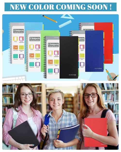 MOWEE 5 Subject Notebook, 3 Pack College Ruled Notebook with Storage Divider Pockets, Index Tabs, 11" Ruler, 200 Pages, for School, Business, Office Supplies, 8.1''x11.7''（Black Red Blue