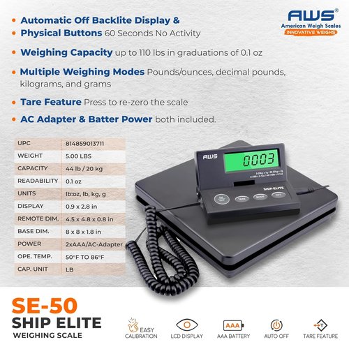 American Weigh Scales Digital Shipping Scale - Accurate Multifunctional Postal & Luggage Weighing | 110 lbs x 0.1 oz | Backlit LCD