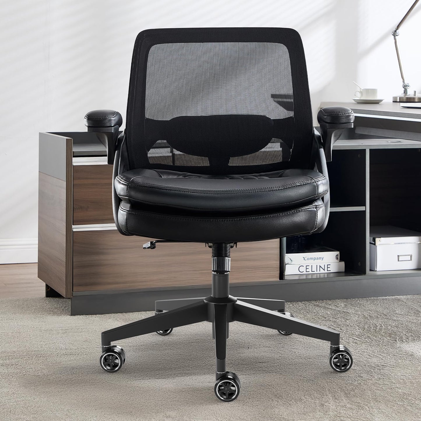 BERYTH Big and Tall Office Chair, 500lbs Mesh Heavy Duty Ergonomic Desk Chair with Flip-up Armrests, Plus Size Wide Seat in PU Leather, 360 Swivel Computer Executive Task Chair for Home Office (Black)