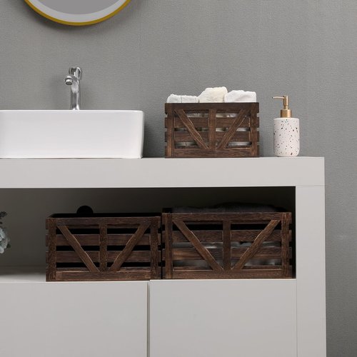 LYDWOO8D Storage Crate Decorative Wood Crates Wooden Storage Container,Wooden Boxes for Home Nested Crates with Handles,Farmhouse Wood Crates for Storage,Display,Brown Set of 3(Large,Medium,Small)