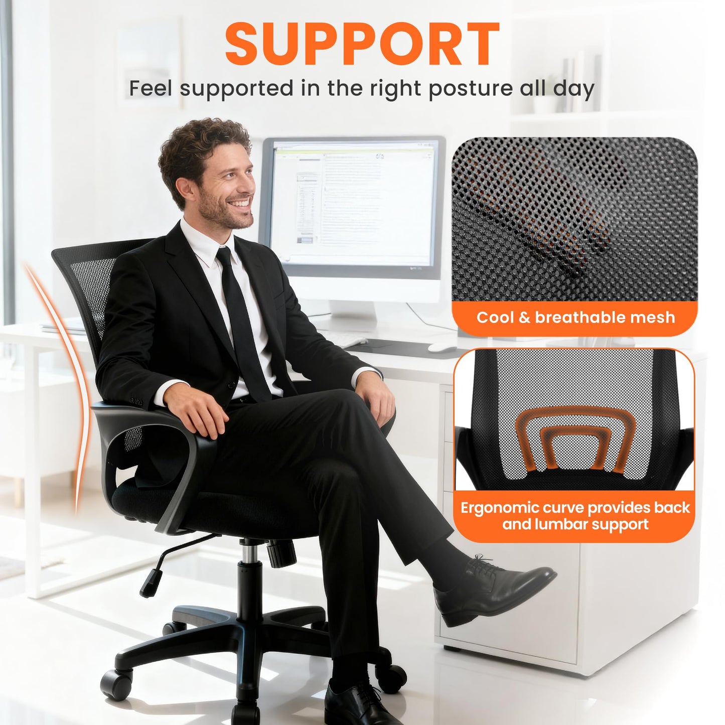 NEO Chair Office Computer Chair Mid Back Desk Ergonomic Mesh Gaming Seat Comfy Lumbar Support Rolling Wheels Adjustable Height Swivel for Home Task (All Black)