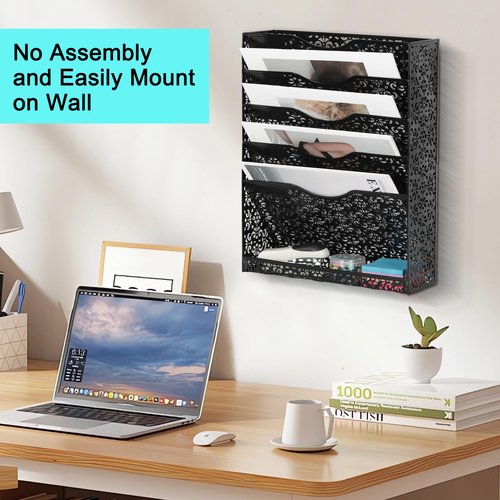 EasyPAG Desk File Organizer Heavy Duty Metal Wall Mount File Holder 5 Tier Mail Paper Folder Holder with Bottom Tray for Office Home Cubicle Countertop, Black