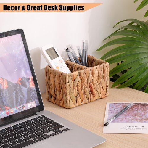 SWT8CAI Remote Control Holder Wicker Desk Organizer Woven Storage Basket,TV Remote Control Organizer Holder Storage Caddy for Table with 2 Compartments