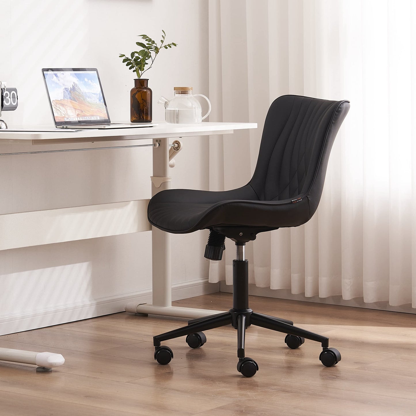 YOUTASTE Black Modern Office Chair, Armless Swivel PU Leather Desk Chair with Wheels, Height Adjustable Rolling Computer Chair with Metal Legs for Bedroom, Home Office, Study, or Vanity