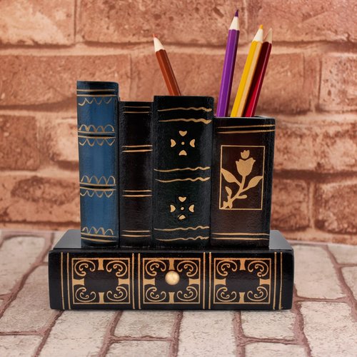 POWER UNICO FLOWER Vintage Book Pen Holder Retro Pen Desk Organizer with Drawer Wooden Fake Book Shaped Pencil Cup for Home Office Study Library (116)