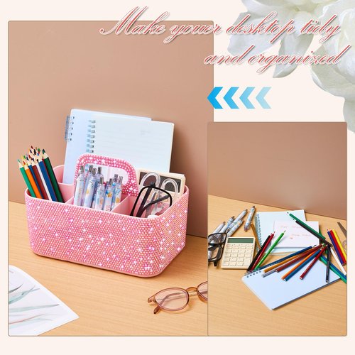 Marspark Bling Girly Caddy Bathroom Organizer with Handle, 9.8 Inch Sparkly Pen Pencil holder for Back to School, Office Desk Accessories Organizer for Pen Brush Makeup Supplies(Pink,AB Diamond)