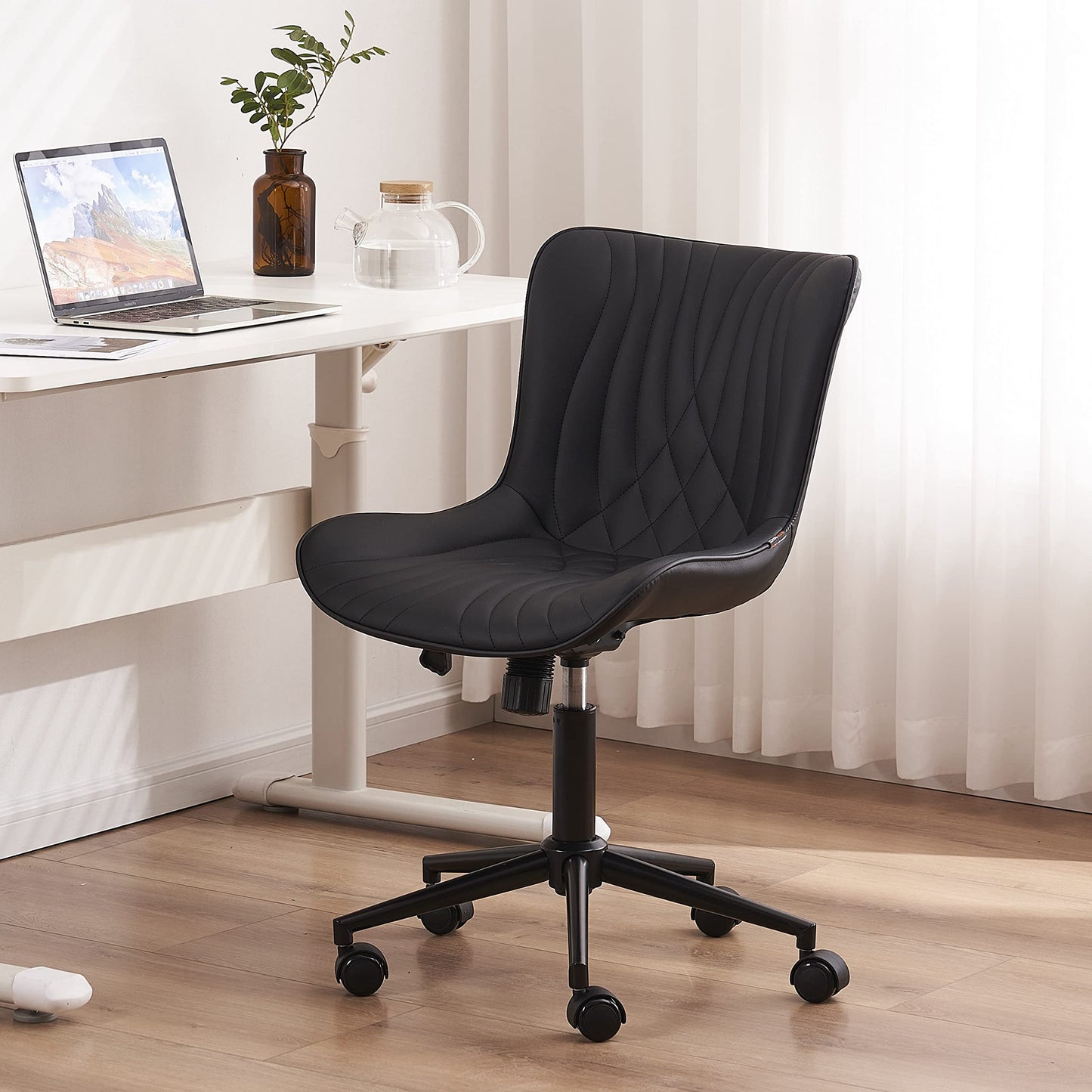 YOUTASTE Black Modern Office Chair, Armless Swivel PU Leather Desk Chair with Wheels, Height Adjustable Rolling Computer Chair with Metal Legs for Bedroom, Home Office, Study, or Vanity