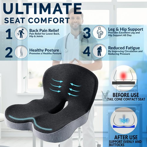 dunlips Memory Foam Seat Cushion for Truck Drivers & Office Chairs – Ergonomic Seat Cushion for Back, Tailbone & Sciatica Pain Relief, Pressure Relief Pad for Long Sitting, Car Seat & Desk Chair Use