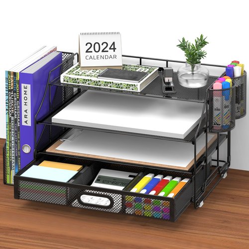 Turfson Desk Organizer with Drawer, Office Desktop File Paper Holder Organization 4-Tier Office Supplies Storage For Document Magazine 2 Pen Pencil Holder Caddy Rack For School Workspace