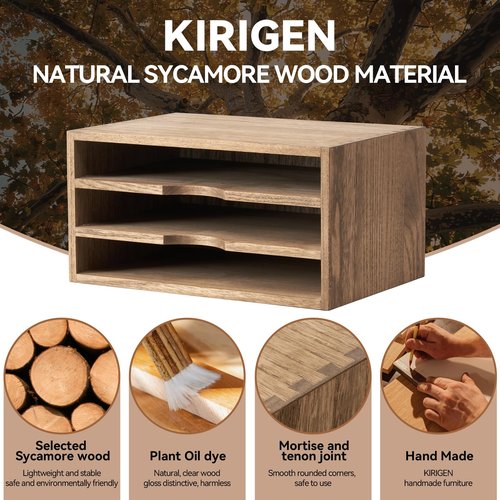KIRIGEN Wooden Desktop Organizer Paper Storage Letter Tray File Sorter - Desk Rack Magazine File Dividers Holders for Home Office Accessories with 3 Layer Trays Dark Brown (3KWJG-DBR)