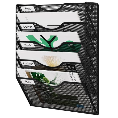 EasyPAG 5 Pocket Mesh Hanging Wall File Organizer, Easily File Managment and Classification, Space Saving Wall Mount Filing Holder for Office Home Classroom, Black
