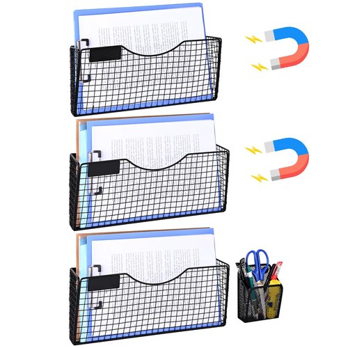 Uneedity 3Pcs Magnetic File Holder, Hanging File Organizer Magazine Document, Metal Hanging Wall Paper Folder Organizers, File Paper Mail Rack for File Cabinet Office, Classroom, Whiteboard