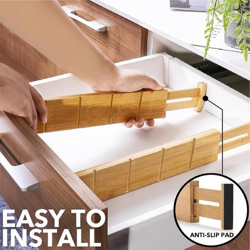 MAGIC BAMBOO 4 Pack Bamboo Drawer Dividers with Inserts and Labels – Adjustable Kitchen Drawer Organizers, Expandable Storage Solutions for Home, Office, Dressers (17-22 Inches)