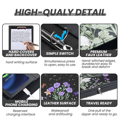 KLLVE Clipboard with Storage for Men Women, Leather Padfolio Portfolio with Zipper, 1 Inch 3 Ring Binder 5 Dividers, Notepad for Letter Size, Elastic Closure and Pen Loop, Card Slot Black Flower