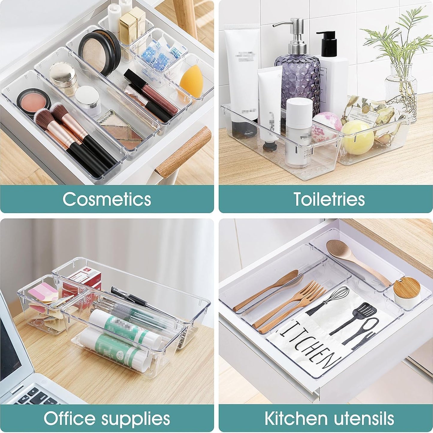 WOWBOX Clear Plastic Drawer Organizer Set - 25 PCS with 4 Sizes for Makeup, Jewelry & Gadgets | Versatile Storage Bins for Home & Office