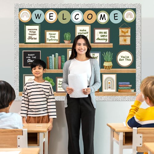Welcome Back to School Bulletin Board Decorations, Boho Classroom Decor, Greenery Plant Bookshelf Inspirational Affirmation Cutouts for Teacher Welcome School Supplies Classroom Door Wall Decor