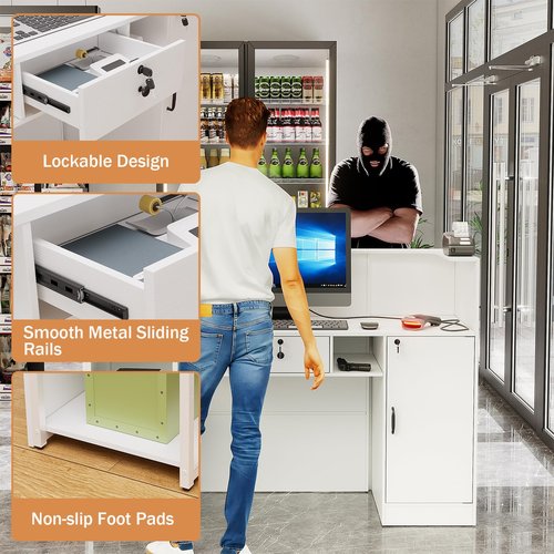 PAKASEPT Modern Reception Desk with LED Lights, 63 Inches Front Counter Table with Lockable Drawer & Shelves, Checkout Counter for Reception Room, Lobby, Beauty Salon, Retail,Office