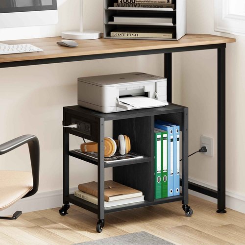 IDEALHOUSE Under Desk Printer Stand with Power Outlets and USB Charging Ports, Desktop Printer Table with Storage Shelf, 4 Tier Mobile Printer Stand with Wheels for Home Office, Rustic Black