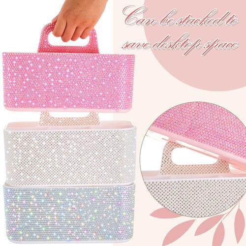 Marspark Bling Girly Caddy Bathroom Organizer with Handle, 9.8 Inch Sparkly Pen Pencil holder for Back to School, Office Desk Accessories Organizer for Pen Brush Makeup Supplies(Pink,AB Diamond)