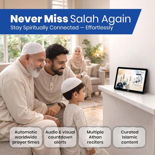 Masjidal 8" Smart WiFi Digital Azan Clock - Automatic Prayer Times & Full Quran Player | Touchscreen Muslim Home Display, Black