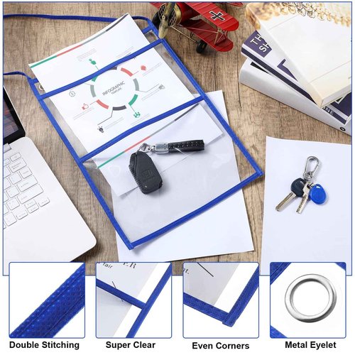 Epakh 30 Pack Shop Ticket Holders 9 x 12 Inch Work Order Plastic Sleeves Job Ticket Holders Dry Erase Repair Order Sleeves with Hanging Strap, Both Sides Clear(Blue)