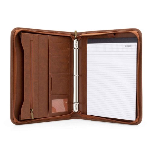 Forevermore Portfolios Portfolio Organizer - 3 Ring Binder with Notepad - 1.5 Inch Rings - Zippered Storage Pockets for Papers, Travel Documents, Presentation Folder, Cards, Passport, Tickets - Brown