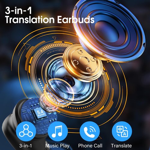 2025 AI Language Translator Earbuds Real Time, 164 Language/6 Translation Modes Translator Earbuds 3-in-1 Translation Headphones, Bluetooth 5.4 Translation Device for Travel Business Learning, Black