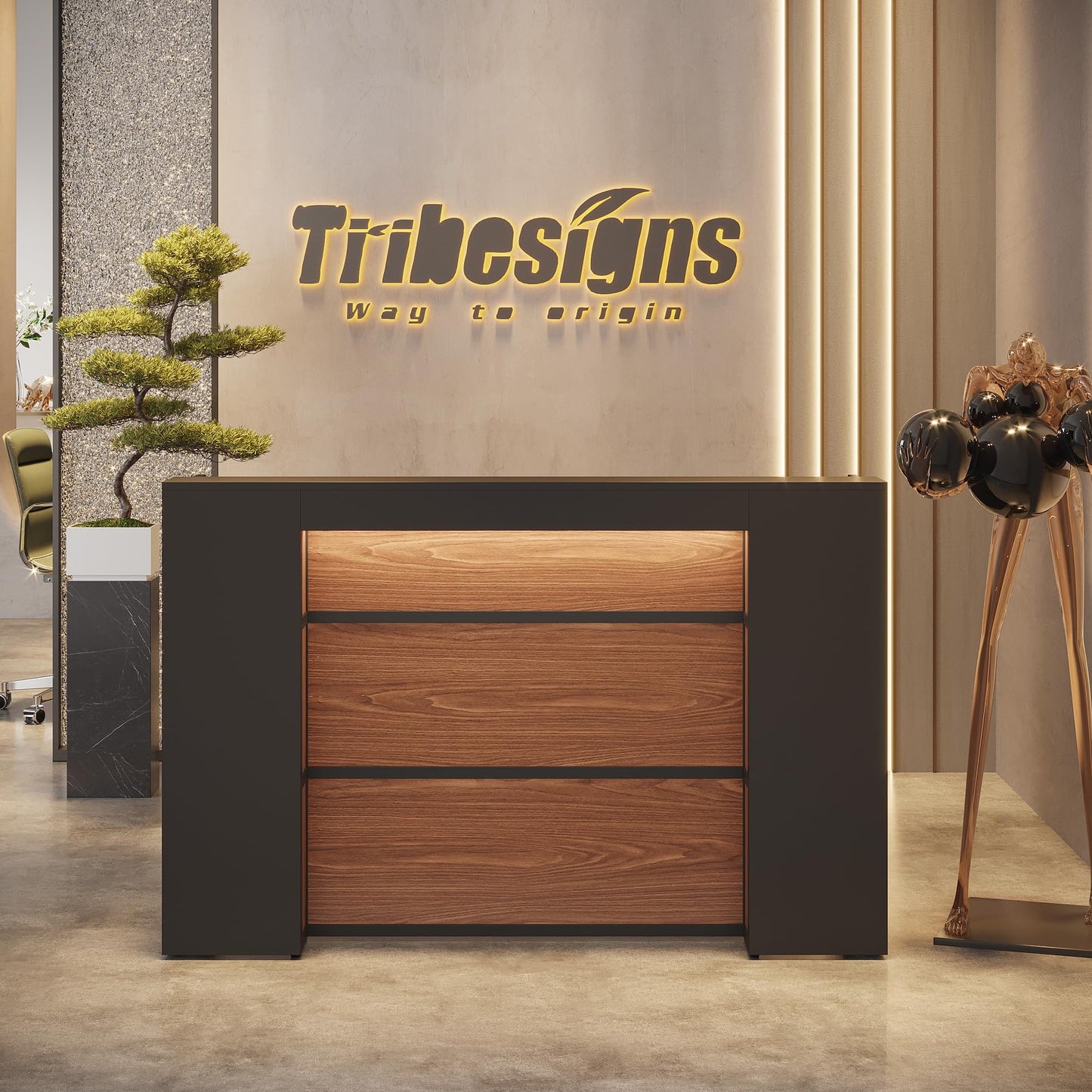 Tribesigns Modern Reception Desk with LED Lights, 63 Inches Front Counter Table for Reception Room (Black&Brown)