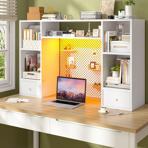 REIBII Desktop Bookshelf with LED Lights,47.2" Desktop Organizer with 6 Shelves and 2 Drawers for Top of Desk,Multipurpose Desk Hutch Dorm with Adjustable Shelves for Home and Office,White