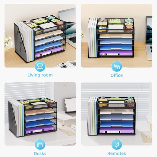 Marbrasse 5-Tier Desk Organizer with File Holder,Paper Letter Tray Organizer,Desktop File Organizer with Adjustable Compartments,Mesh Desk Organizers and Accessories for Office Supplies,Black