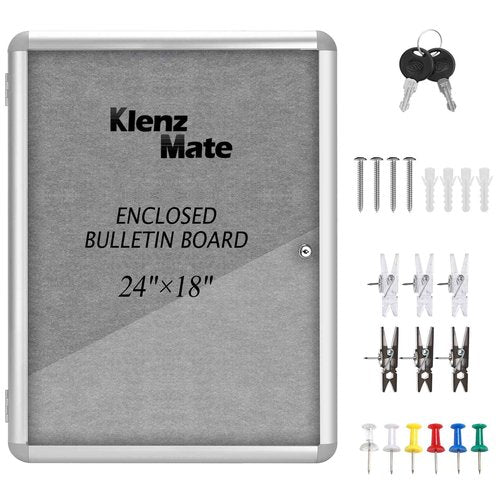 24"x18" Enclosed Cork Bulletin Board Tamper-Proof Dispaly Case,Grey Fabric&Aluminium Frame,Shatter Resistant Lockable Bulletin Board with Clear Acrylic Door for School,Office,Mall,Community,Hospital