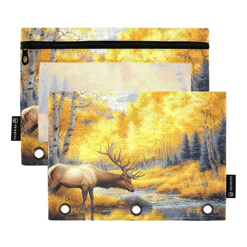 XDKDZIS The Elk by The River Grass Pencil Pouch for 3 Ring Binder, Binder Pouches with Zipper Bulk, Pen Holder Case 2 Packs