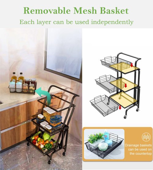 3 Tier Rolling Cart - Metal Utility Cart with Wheels, Heavy Duty Mesh Rolling Storage Cart Organizer, Craft Cart for Office, Lightweight and Sturdy, for Bathroom, Kitchen, Garden, Laundry Room